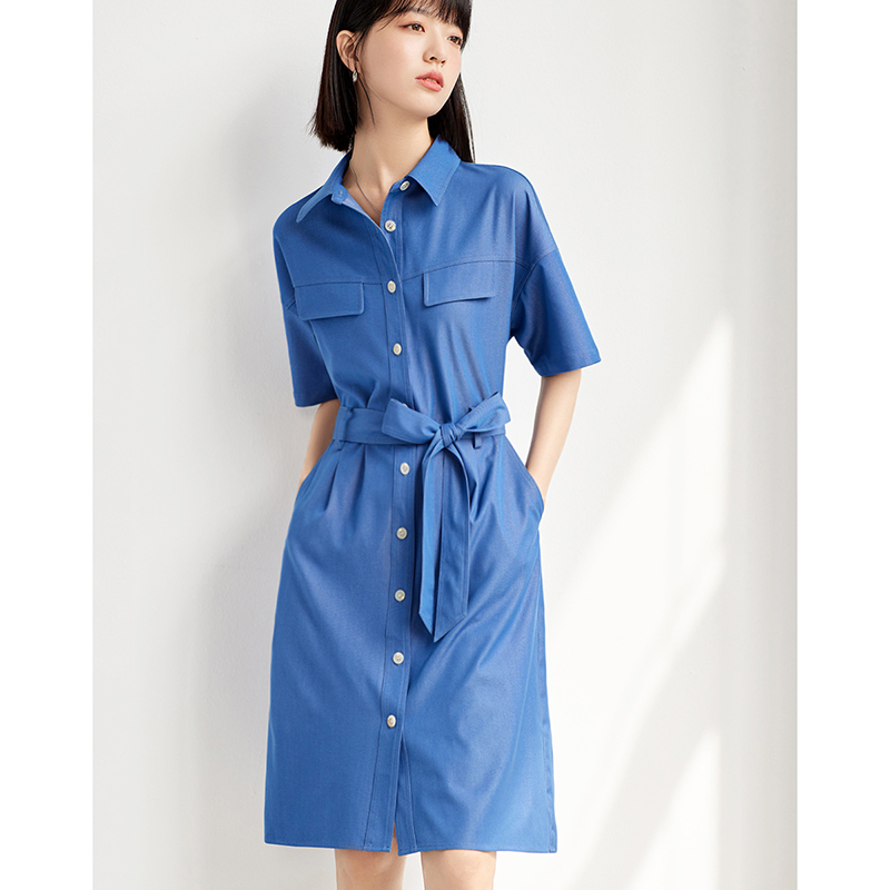 11064893.瑞品集团JEANS【仿天丝牛仔裙】夏季翻领短袖调节腰带衬衫连衣裙女中长款