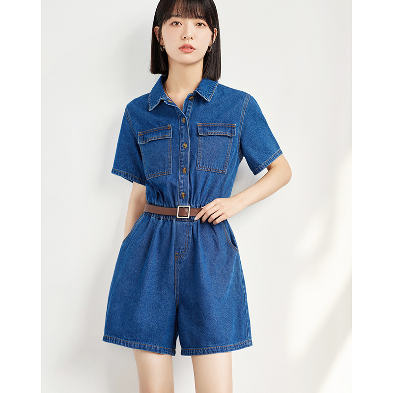 11064832.瑞品集团JEANS【牛仔连体裤】夏季款翻领合体短袖工字扣贴袋连体裤女