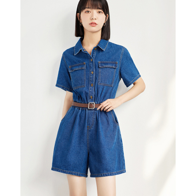 11064832.瑞品集团JEANS【牛仔连体裤】夏季款翻领合体短袖工字扣贴袋连体裤女
