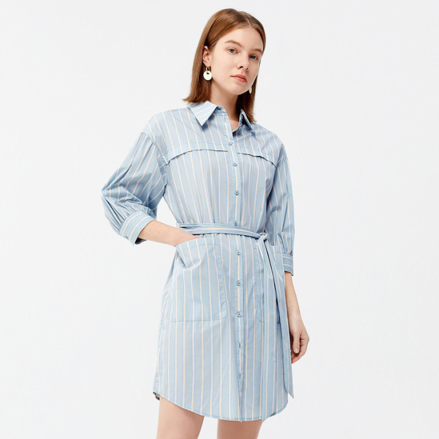 7810667.JZ玖姿浅色条纹清新连衣裙2022春季新款女收腰量感袖型时尚中长裙