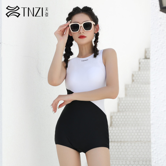 7819436.TNZI天姿新款ins风高级感黑白拼接连体平角泳衣女泡温泉游泳馆泳装
