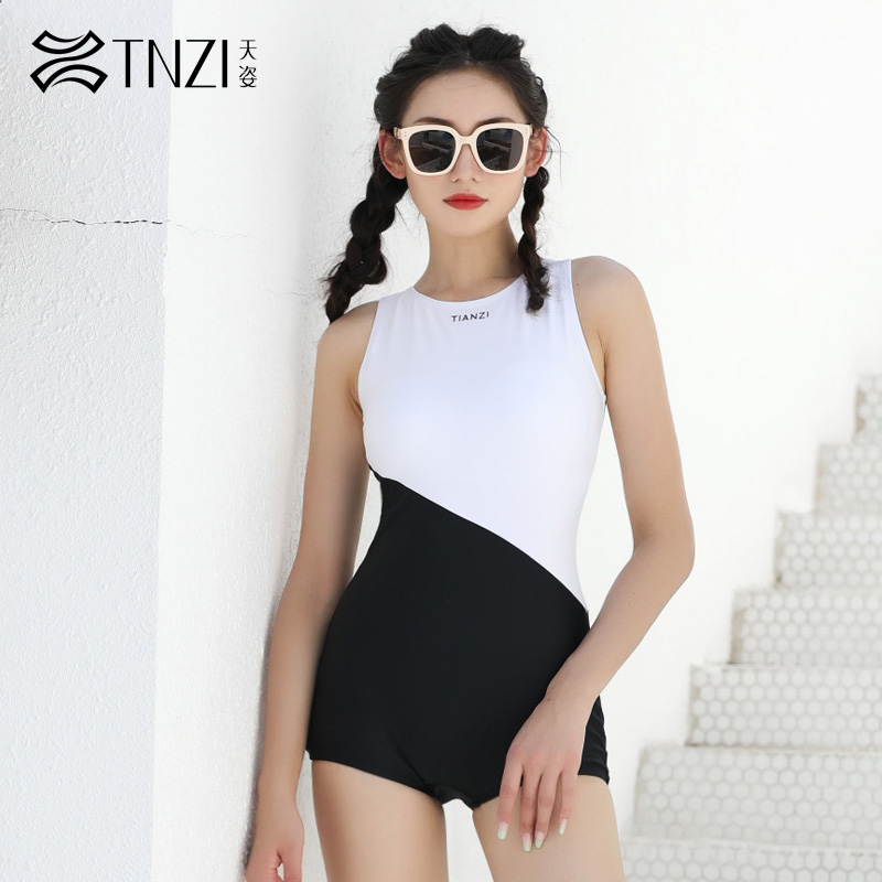 7819436.TNZI天姿新款ins风高级感黑白拼接连体平角泳衣女泡温泉游泳馆泳装
