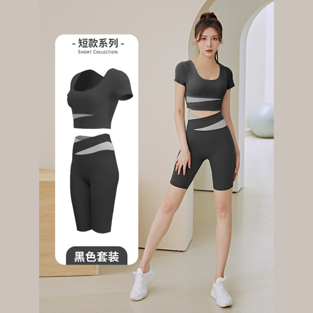 7897256.巴洛尼莫 裸感拼色短袖瑜伽服套装女春夏露脐短款上衣提臀裤跑步运动健身服TZ232