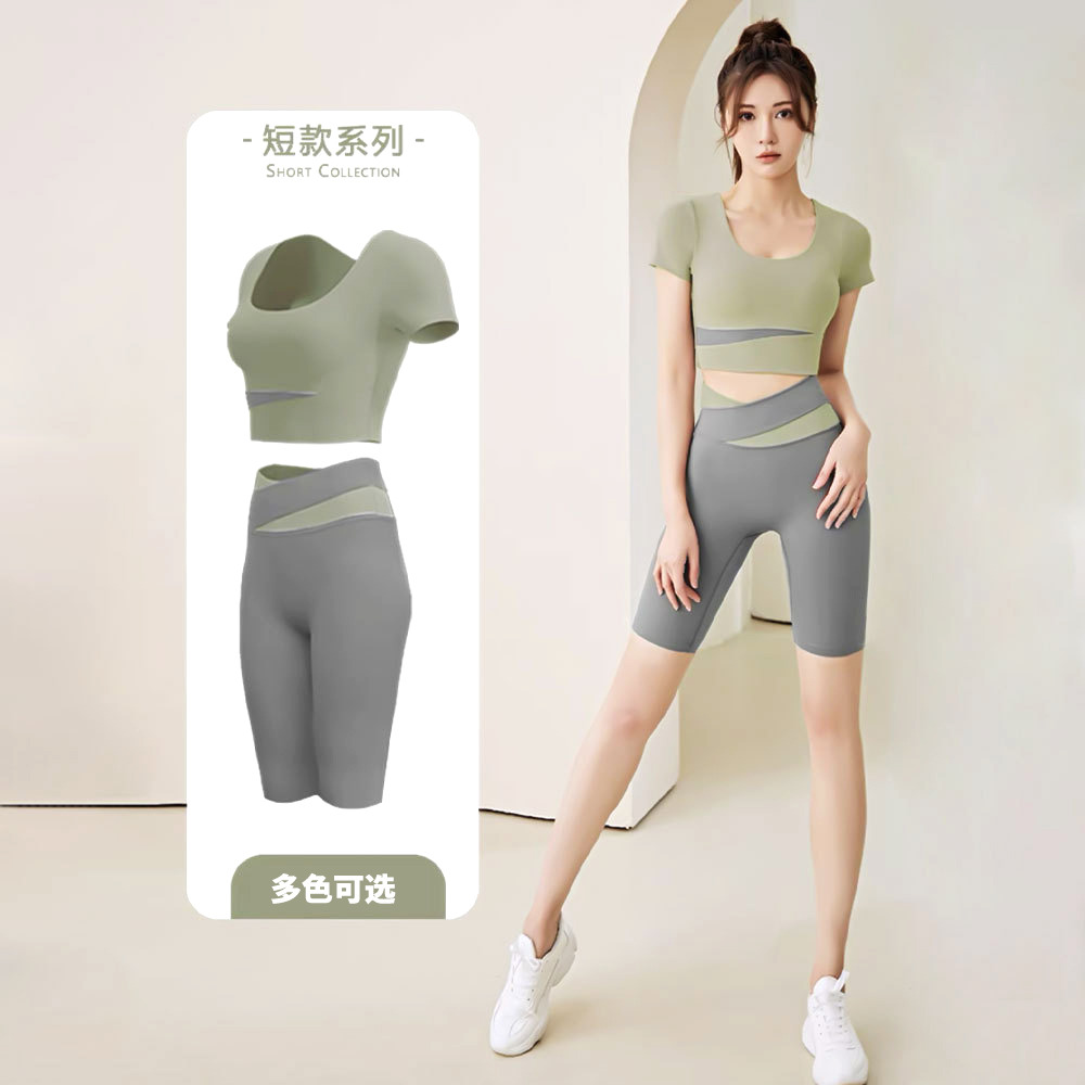7897256.巴洛尼莫 裸感拼色短袖瑜伽服套装女春夏露脐短款上衣提臀裤跑步运动健身服TZ232