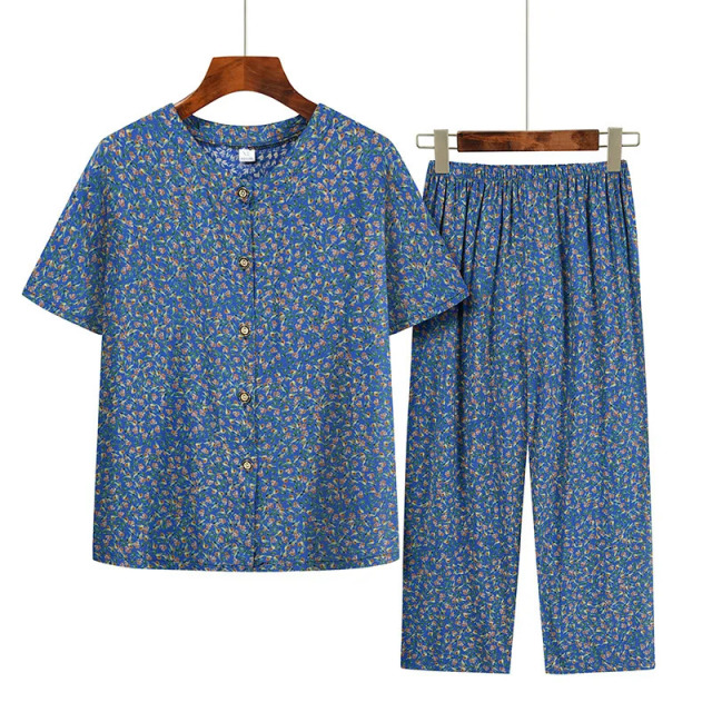 7919271.线缃缘中年妈妈夏装套装夏季中老年短袖T恤女洋气时尚阔太太绵绸上衣