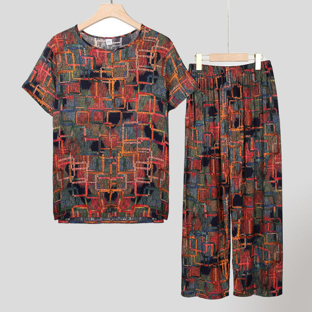 7919993.线缃缘奶奶夏装短袖套装中老年人女装妈妈装棉绸居家服老太太衣服两件套