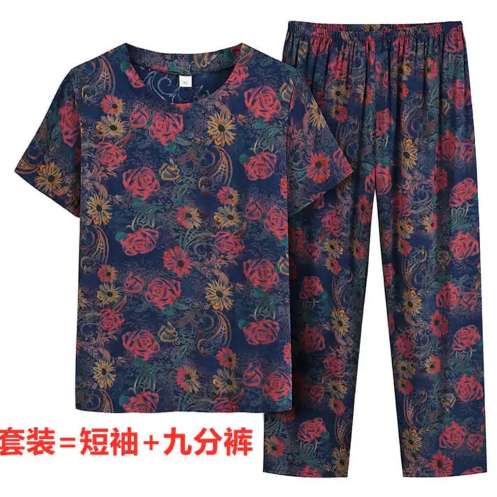 7928126.线缃研缘中老年人女装夏装短袖套装老人60岁奶奶宽松上衣纯棉绸两件套大码