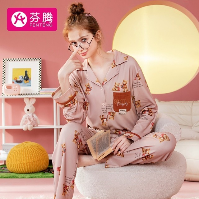 13027473.芬腾【情侣可爱熊宝】早秋时髦撞色贴袋开胸家居服内衣女士睡衣女套装