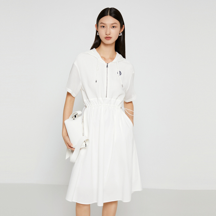 8034660.JZ玖姿轻运动风拼接连衣裙女装2022夏季新款休闲拉链收腰连帽裙子