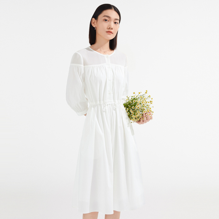 8034559.JZ玖姿法式灯笼袖白色连衣裙女装夏季收腰衬衫裙子