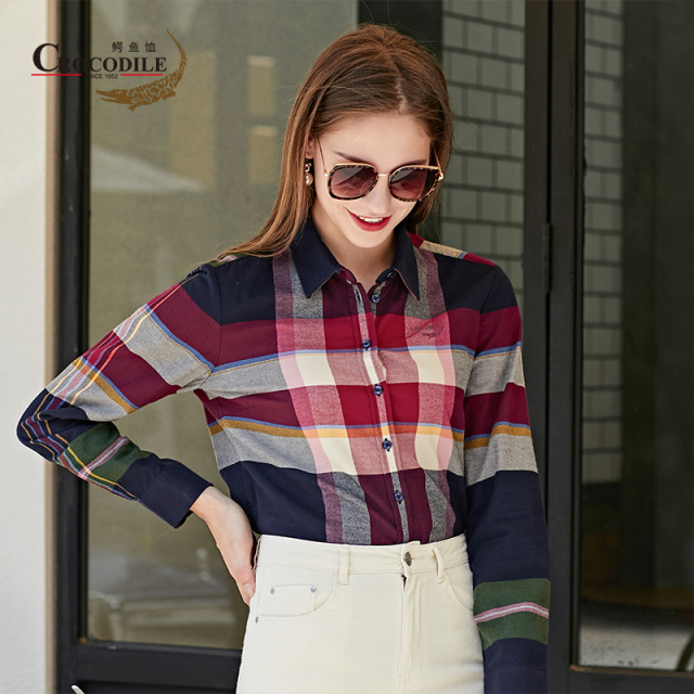 8051217.鳄鱼恤春秋四季时尚大格纹纯棉磨毛柔软百搭女式衬衫女