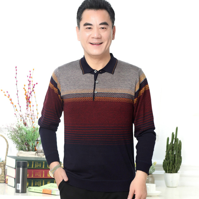 8084832.雄狮Polo衫男中老年春秋条纹休闲上衣爸爸装拼色长袖t恤针织衫