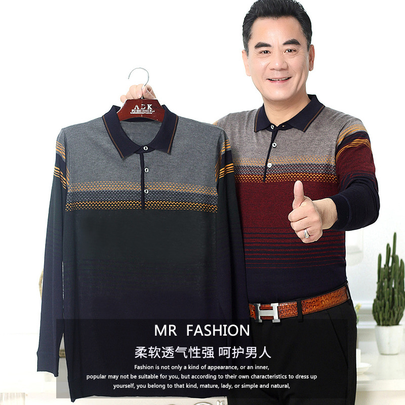 8084832.雄狮Polo衫男中老年春秋条纹休闲上衣爸爸装拼色长袖t恤针织衫