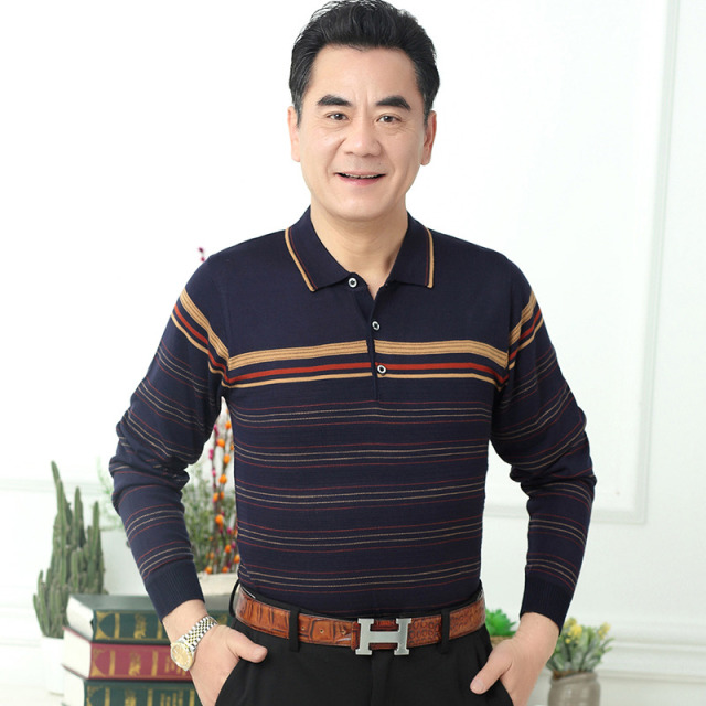 8084841.雄狮Polo衫男中老年春秋条纹休闲上衣爸爸装拼色长袖t恤针织衫