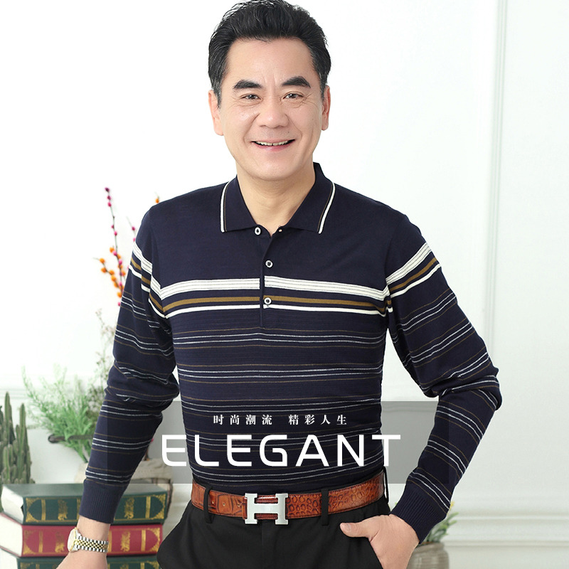 8084841.雄狮Polo衫男中老年春秋条纹休闲上衣爸爸装拼色长袖t恤针织衫