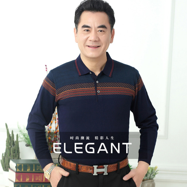 8084818.雄狮中老年人男士春秋季休闲上衣服40-50岁爸爸装长袖t恤针织衫