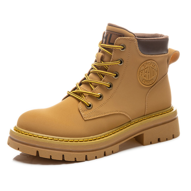 8126639.墨斯本歪头高定大黄靴2022秋季新款粗跟靴子休闲短靴女真皮马丁靴女6518