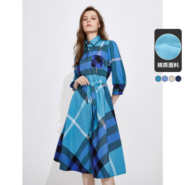 8157066.【爆款格纹系列】意大利小帆船 春夏透气翻领长袖衬衫连衣裙女