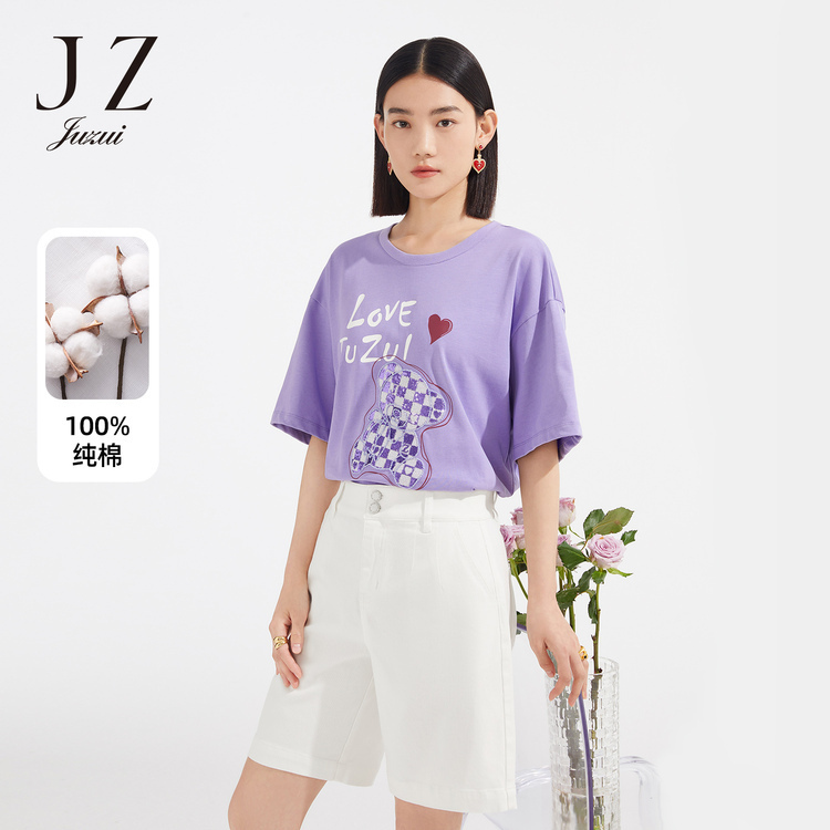 8160000.JZ玖姿2022夏季新款撞色格小熊简约圆领舒适女式T恤