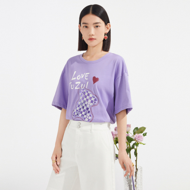 8160000.JZ玖姿2022夏季新款撞色格小熊简约圆领舒适女式T恤