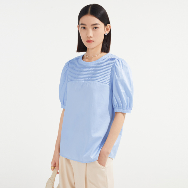 8163038.JZ玖姿夏季简约纯色泡泡袖圆领塔克艺术女式T恤