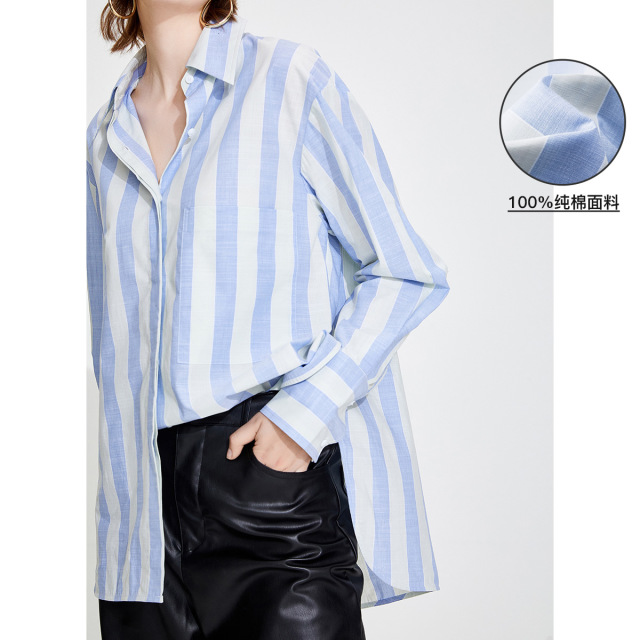 8199010.意大利小帆船 22早春新品纯棉透气条纹宽松女士休闲长袖衬衫