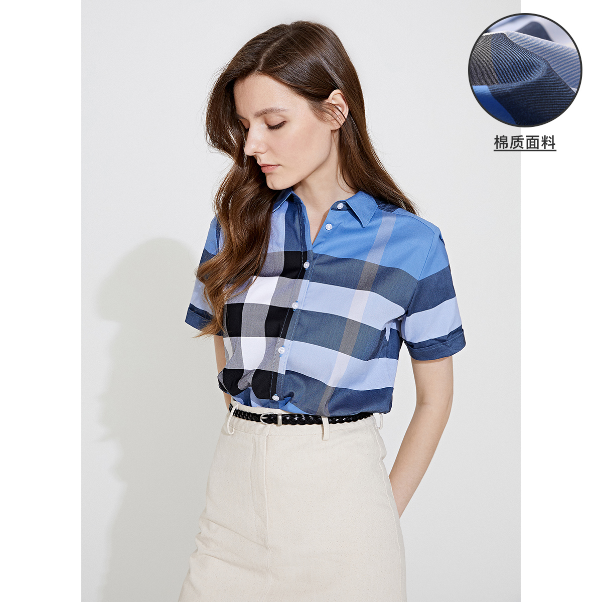 8199392.意大利小帆船 春夏新品清新撞色格纹衬衫女士舒适短袖翻领衬衣