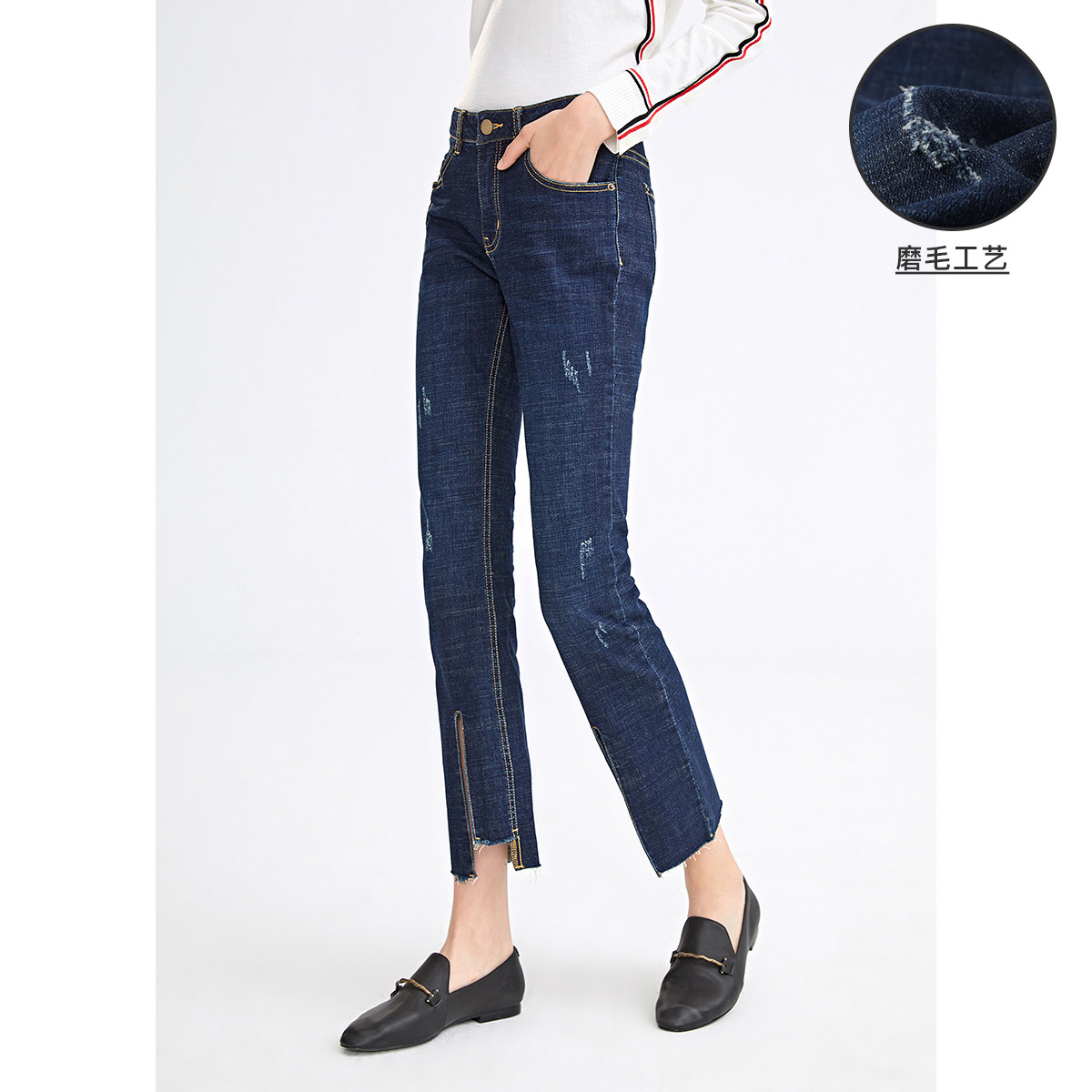 8199382.【开叉脚口】意大利小帆船 22春季新品阔腿裤女士牛仔八分裤