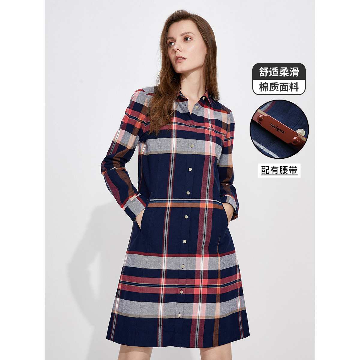 8199354.【磨毛舒适】意大利小帆船 春季棉质柔软翻领女士衬衫长袖连衣裙