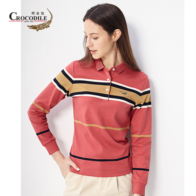 8207179.鳄鱼恤纯棉舒适春秋新品翻领定位条纹女式休闲polo衫女
