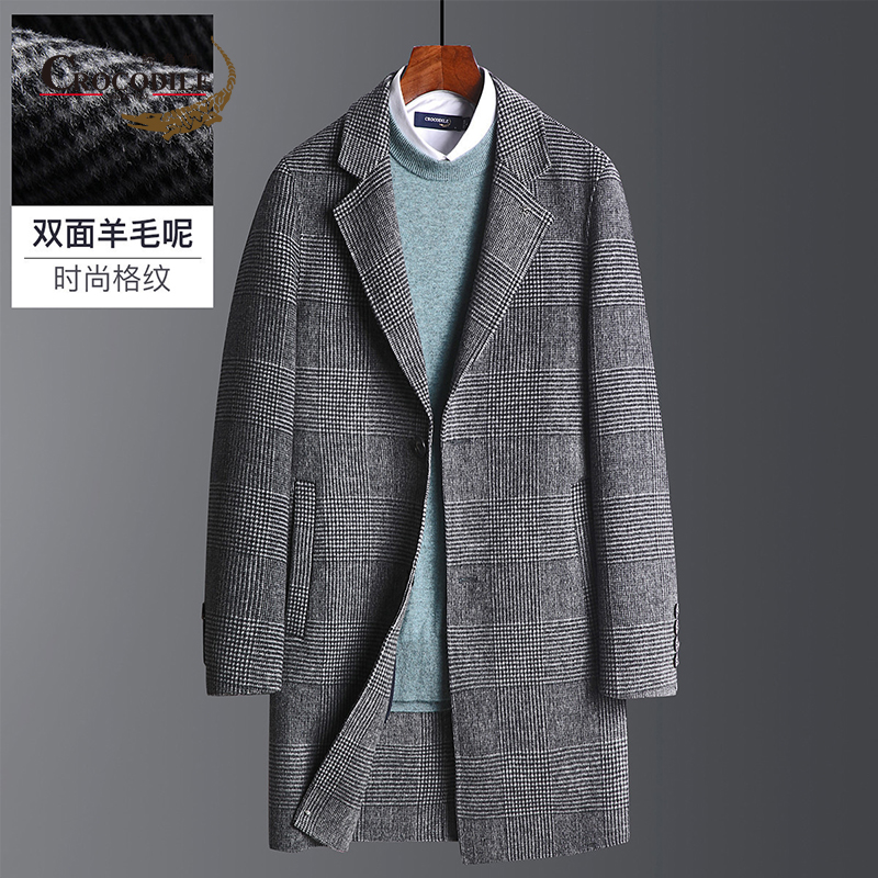 8207183.鳄鱼恤【70%羊毛】春秋纯手工时尚条纹格男士双面羊毛呢大衣男