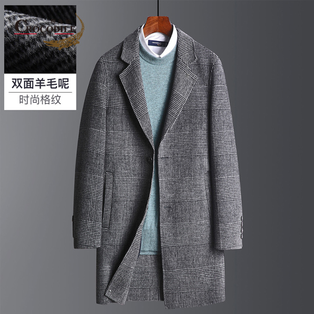 8207183.鳄鱼恤【70%羊毛】春秋纯手工时尚条纹格男士双面羊毛呢大衣男