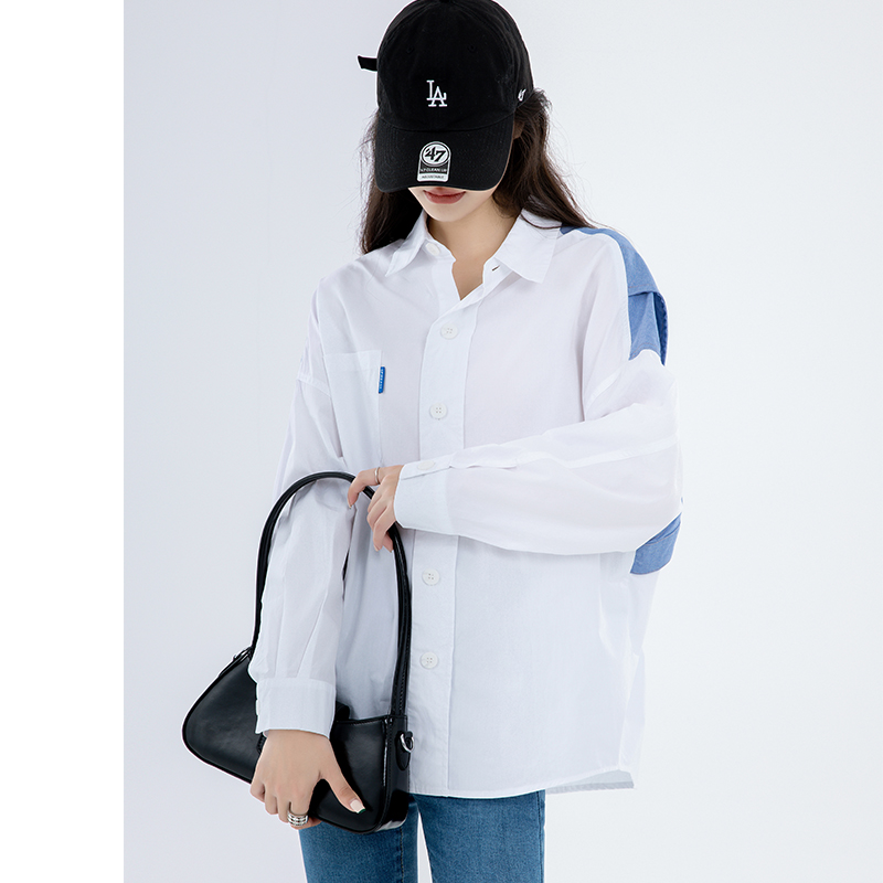 8215238.七玻威春秋新品时髦减龄女式中长款创意拼接白衬衫【七玻威女装1】