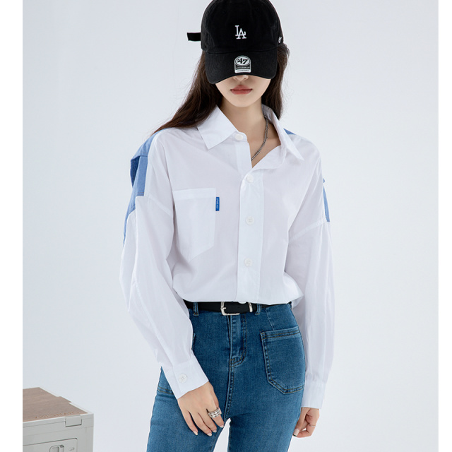 8215238.七玻威春秋新品时髦减龄女式中长款创意拼接白衬衫【七玻威女装1】
