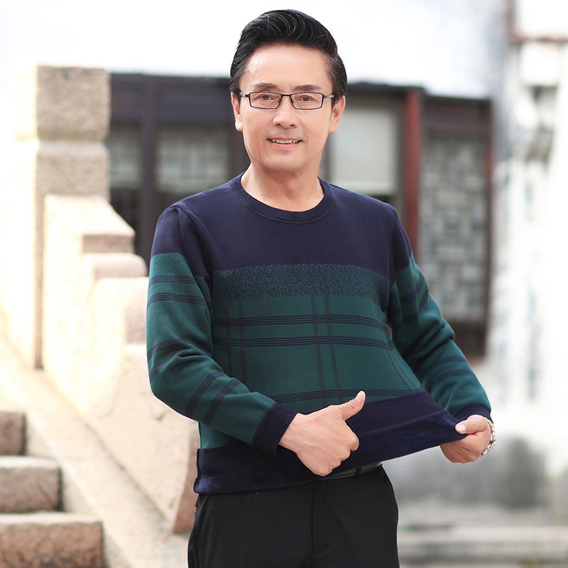 8224408.男士针织衫长袖秋冬季加厚加绒中年爸爸装宽松圆领打底衫毛衣