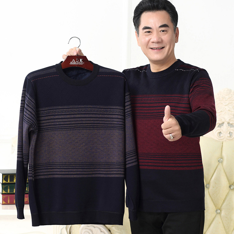 8224624.中年爸爸秋装圆领毛衣男秋冬季加绒保暖男士针织长袖打底衫