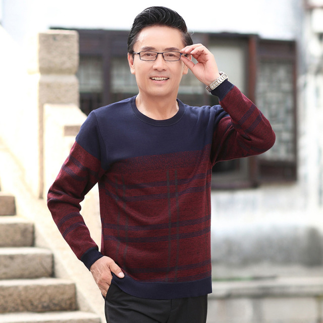 8224408.男士针织衫长袖秋冬季加厚加绒中年爸爸装宽松圆领打底衫毛衣