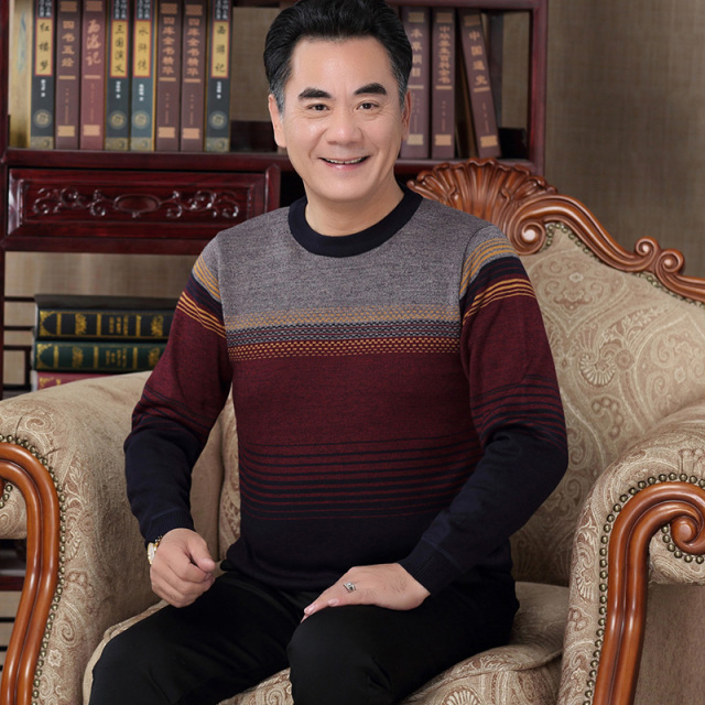 8224634.中年爸爸秋冬季长袖针织衫40岁50圆领秋装中老年男士加绒加厚毛衣