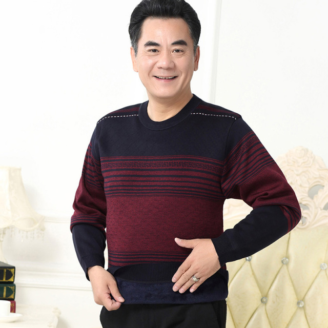 8224624.中年爸爸秋装圆领毛衣男秋冬季加绒保暖男士针织长袖打底衫