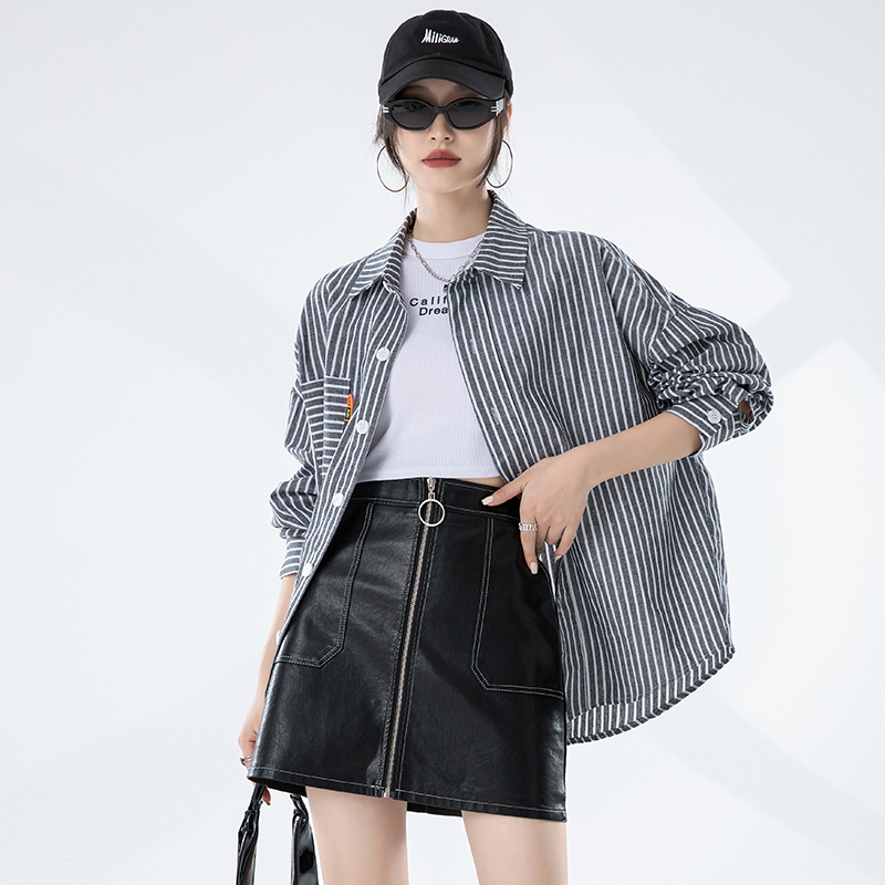 8249590.七玻威春秋新款女韩版气质经典中长款条纹衬衫【七玻威女装1】