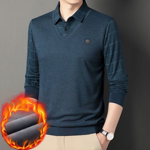 8294822.雄狮假两件毛衣男士秋冬季加绒加厚衬衫领针织衫条纹拼接打底线衣