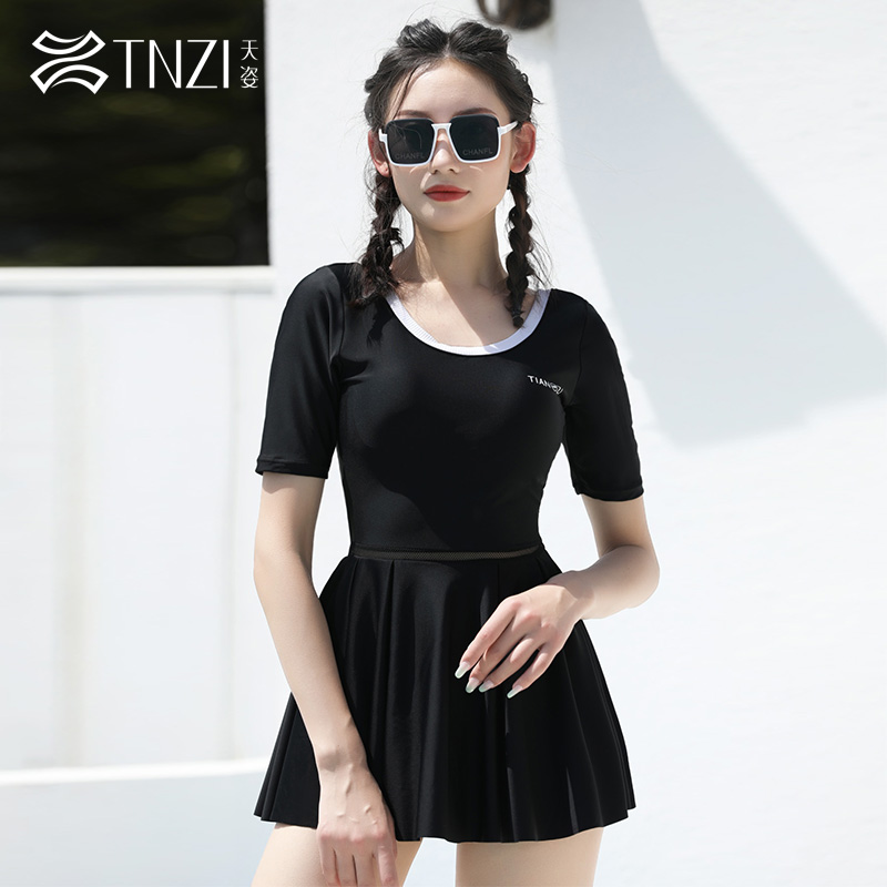 8307168.TNZI天姿新款连体裙式平角遮肚显瘦保守小胸聚拢露背游泳泳衣