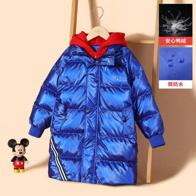 12075550.迪士尼DISNEY【撞色连帽免洗羽绒服】中大童亮皮防风保暖加厚男童中长款羽绒服