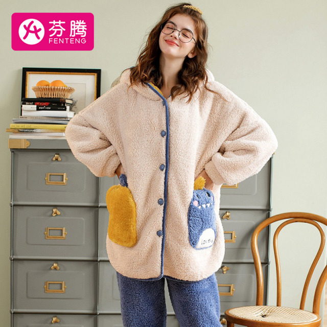 9543859.芬腾【个性连帽撞色】新品冬季暖和泡泡绒女士家居服内衣女士睡衣