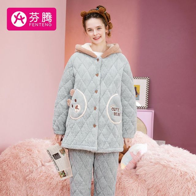 8466862.芬腾【云感三层夹棉套装】冬季加绒加厚女士家居服绒面连帽卡通小熊睡衣女