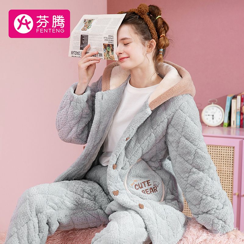8466862.芬腾【云感三层夹棉套装】冬季加绒加厚女士家居服绒面连帽卡通小熊睡衣女