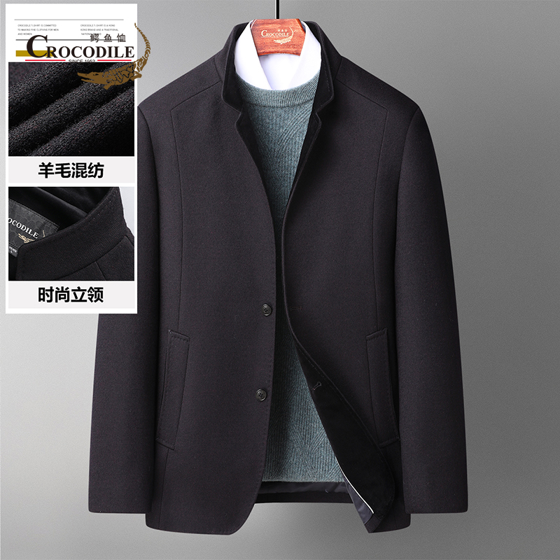 8475671.鳄鱼恤秋冬羊毛混纺时尚立领两粒扣毛呢大衣外套男