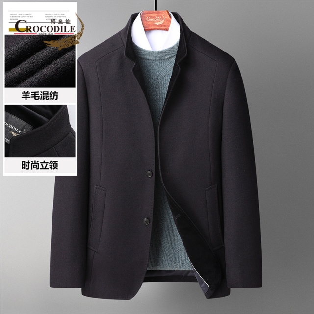 8475671.鳄鱼恤秋冬羊毛混纺时尚立领两粒扣毛呢大衣外套男