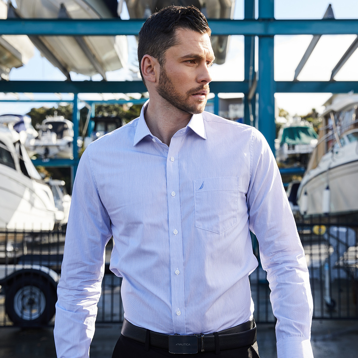 8531366.Nautica Tailored男秋季长袖纯棉商务正装衬衣条纹男士衬衫