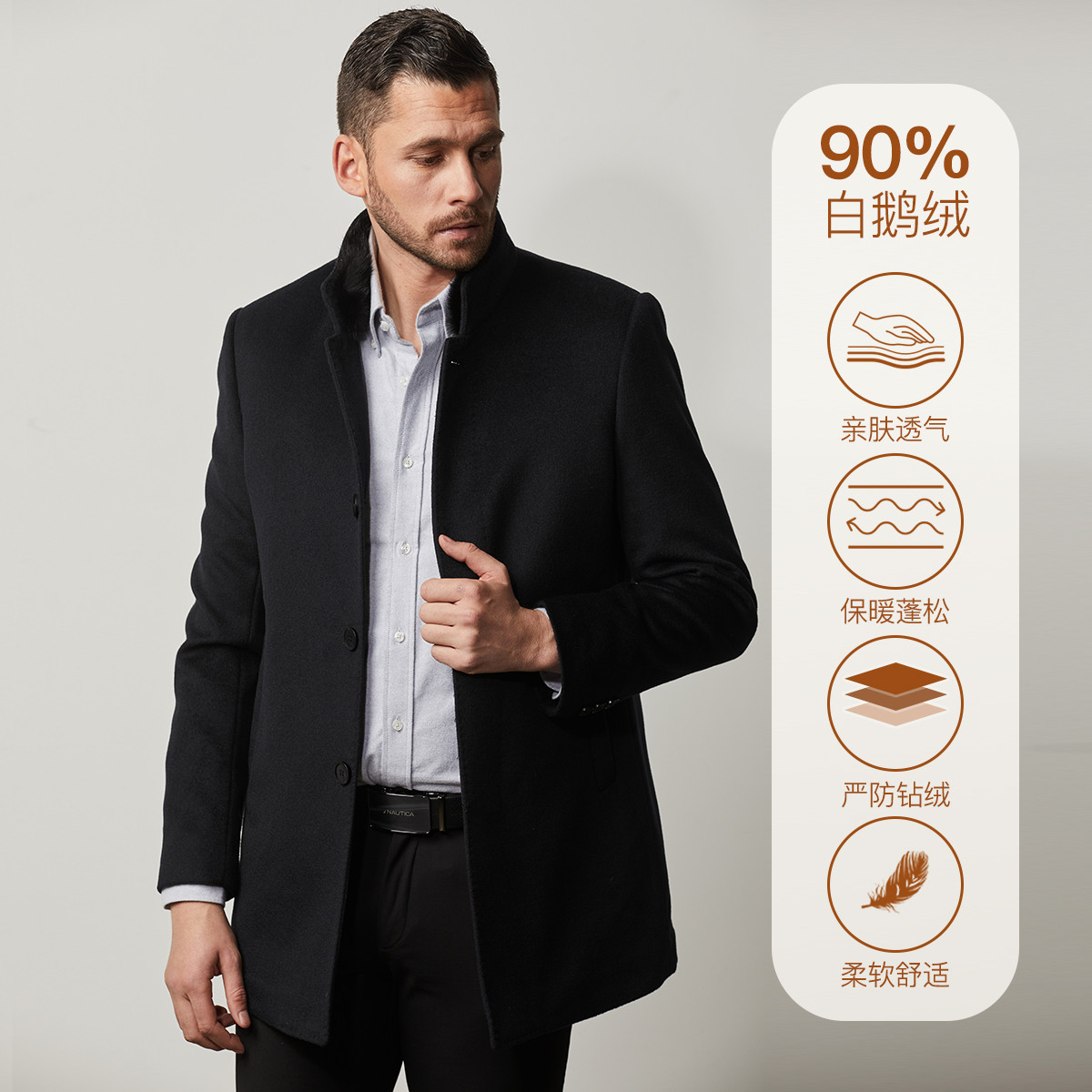 8542350.Nautica Tailored【100%绵羊毛】秋冬羽绒内胆大衣中长款水貂毛领男士外套
